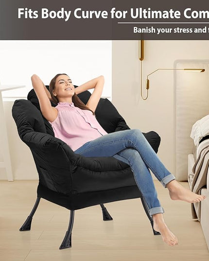 Lazy Chair Thick Padded, Accent Chair Velvet Upholstered with Wide Seat, Stable Metal Frame and Non-Slip Pad, Modern Sofa Armchair with Side Storage Bag for Dorm, Room, Office, Black - LeafyLoom