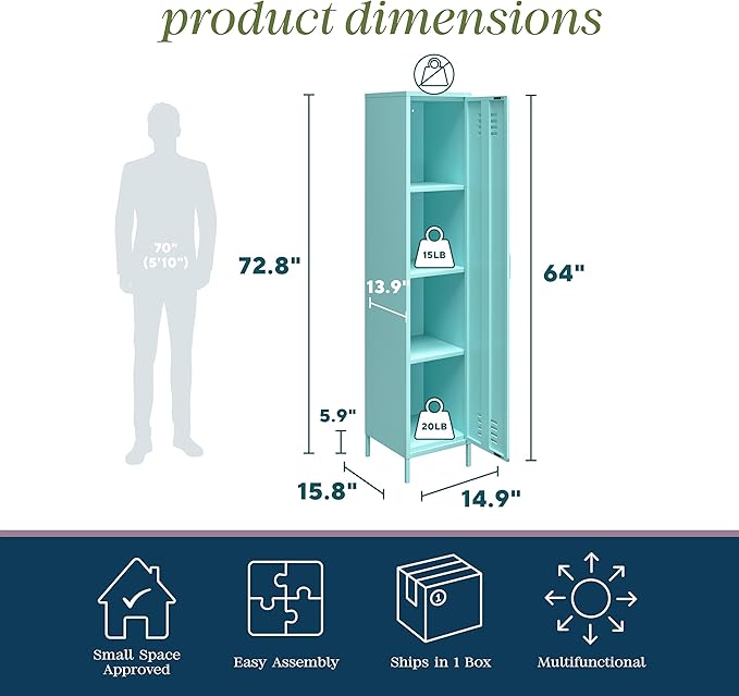 Novogratz Cache Single Metal Locker Storage, Mint Cabinet - LeafyLoom