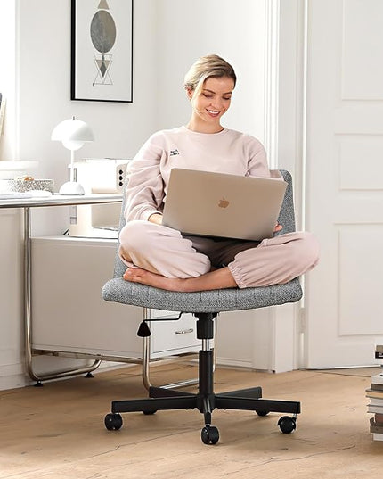 LEAGOO Cross Legged Office Chair, Armless Wide Desk Chair with Wheels, 120° Rocking Mid Back Ergonomic Computer Task Vanity Chairs with Height adiust, for Home, Office, Make up, Small Space, Dark gray - LeafyLoom