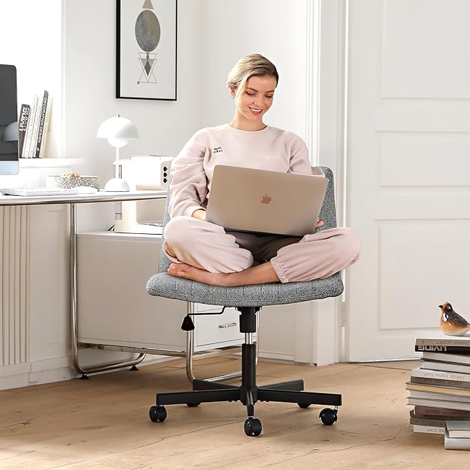 LEAGOO Cross Legged Office Chair, Armless Wide Desk Chair with Wheels, 120° Rocking Mid Back Ergonomic Computer Task Vanity Chairs with Height adiust, for Home, Office, Make up, Small Space, Dark gray - LeafyLoom