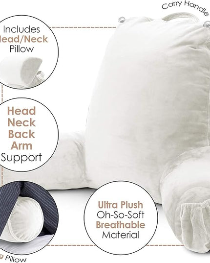 Clara Clark Reading Pillow, Large Back Pillow for Sitting Up in Bed, Memory Foam Back Support Pillow, Reading Pillows for Sitting in Bed Adult, White Sit Up Pillow for Bed Chair with Arms and Pockets - LeafyLoom