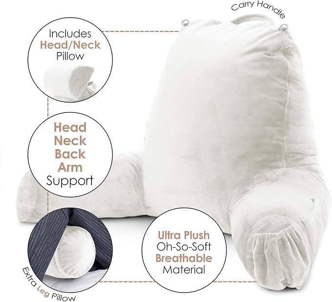 Clara Clark Reading Pillow, Large Back Pillow for Sitting Up in Bed, Memory Foam Back Support Pillow, Reading Pillows for Sitting in Bed Adult, White Sit Up Pillow for Bed Chair with Arms and Pockets - LeafyLoom