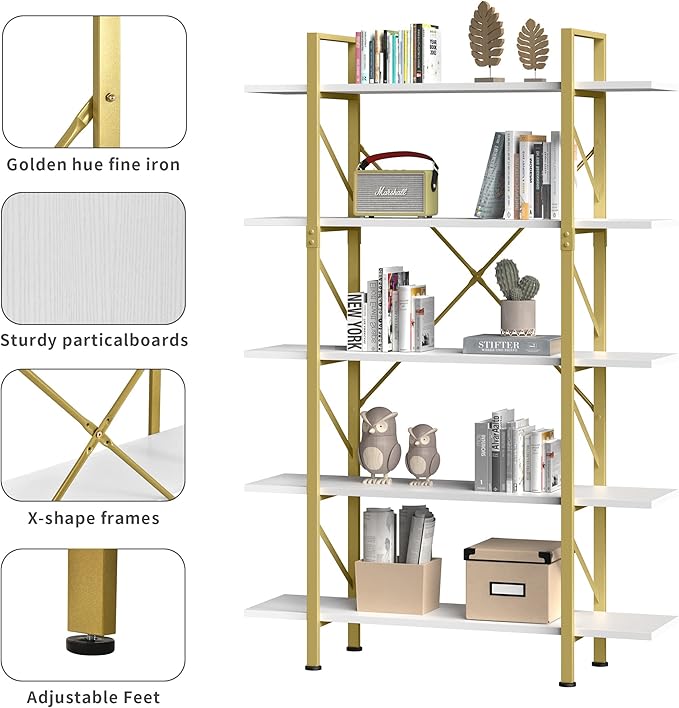 YITAHOME 5 Tier Gold Bookshelf, 70.9" Tall Modern Wide Bookcase, Open Storage Rack Shelves in Living Room/Bedroom/Home/Office, Books Holder Organizer for Books/Plants, Gold & White - LeafyLoom