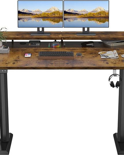 Electric Standing Desk with Monitor Shelf, 55 x 24 Inches Height Adjustable Corner Table, Computer Workstation with Cup Holder and Hook for Home Office, Brown, 55x24 Inch, Rustic Brwon - LeafyLoom