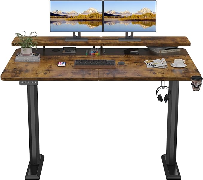 Electric Standing Desk with Monitor Shelf, 55 x 24 Inches Height Adjustable Corner Table, Computer Workstation with Cup Holder and Hook for Home Office, Brown, 55x24 Inch, Rustic Brwon - LeafyLoom