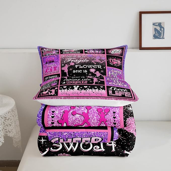 Cheerleading Comforter Set Cheer Gifts,Cheerleader Loves Bedding Set for Kids Girls Teens Adult,Cheer Pink (no real) Sequins Quilt Set Full Geometric Plaid Patchwork Duvet Insert with 2 Pillowcases - LeafyLoom