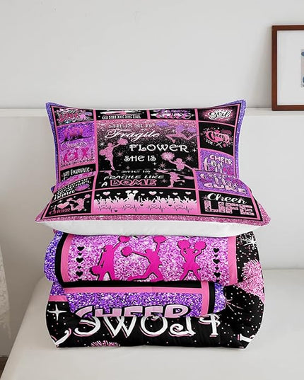Cheerleading Comforter Set Cheer Gifts,Cheerleader Loves Bedding Set for Kids Girls Teens Adult,Cheer Pink (no real) Sequins Quilt Set Twin Geometric Plaid Patchwork Duvet Insert with 1 Pillowcase - LeafyLoom