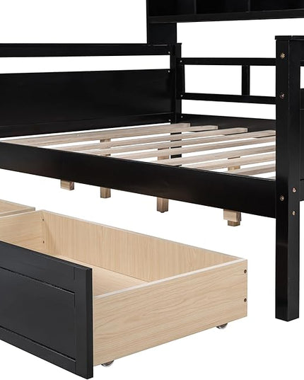 Full Size Daybed with Bedside Shelf and Two Drawers,Multifunctional Storage Solid Wood Bed,W/Wooden Slat Support,No Box Spring Needed,for Bedroom,Living Room,Apartment,Espresso - LeafyLoom
