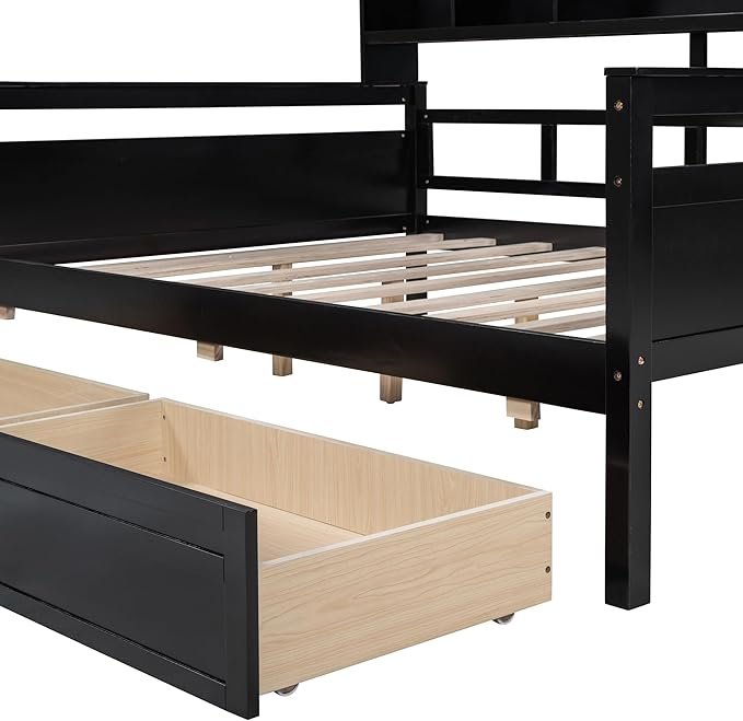 Full Size Daybed with Bedside Shelf and Two Drawers,Multifunctional Storage Solid Wood Bed,W/Wooden Slat Support,No Box Spring Needed,for Bedroom,Living Room,Apartment,Espresso - LeafyLoom