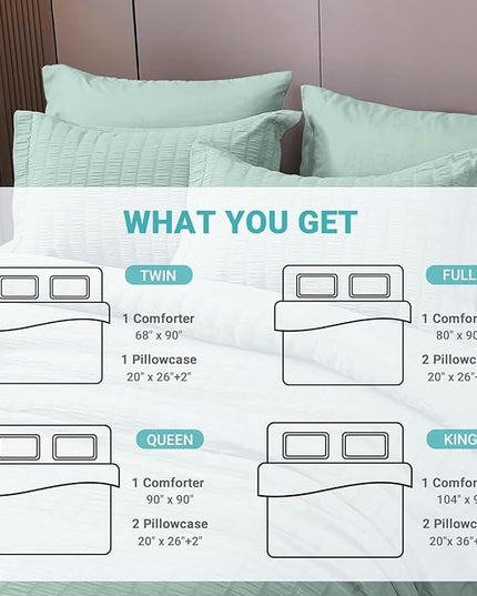 HYMOKEGE Seersucker King Size Comforter Set 3 Pieces, Lightweight Comforter Sets for Bedding, Bed Set with 1 All Season Soft Down Alternative Comforter and 2 Pillow Shams, Sage Green - LeafyLoom