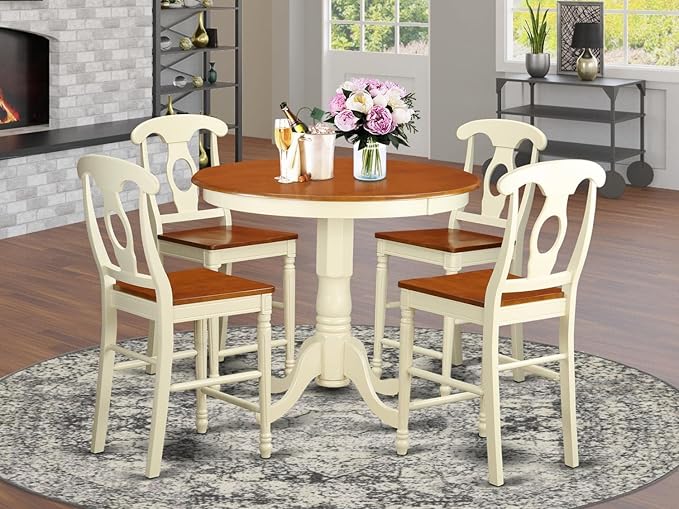 East West Furniture JAKE5-WHI-W 5 Piece Kitchen Counter Height Dining Table Set Includes a Round Wooden Table with Pedestal and 4 Dining Chairs, 36x36 Inch, Buttermilk & Cherry - LeafyLoom