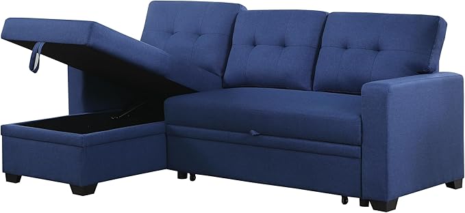 Sectional Sofa with Tufted Seat & Back Cushion,Solid Wood Frame Dsign, Linen Reversible w/Storage Chaise and Pull-Out Sleeper for Home, Small Space Apartment, 82 Inch, Blue - LeafyLoom