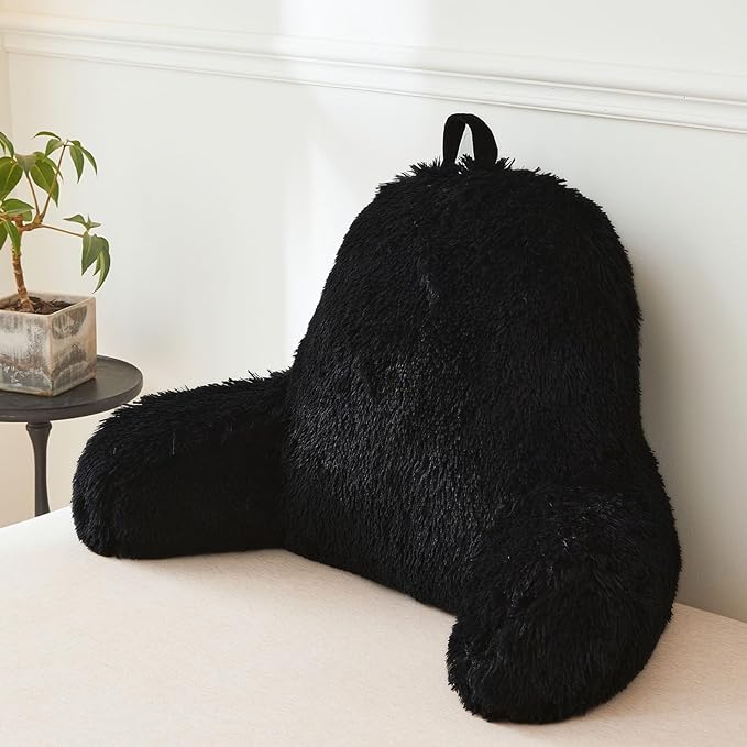 XeGe Faux Fur Reading Pillow Cover (No Filler), Fluffy Backrest Pillow Case for Sitting in Bed, Adults Kids Shaggy Sit Up Back Support Study Pillow Cover for Couch Chair Home Decoration, Black - LeafyLoom