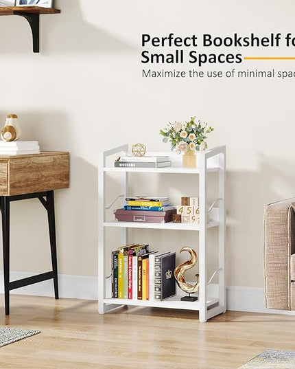 Book Shelf Small Bookshelf - 3-Tier Wood Bookcase Industrial Bookshelf Metal Narrow Bookshelves Storage Organizer Display Rack for Bedroom Living Room Home Office (White) - LeafyLoom