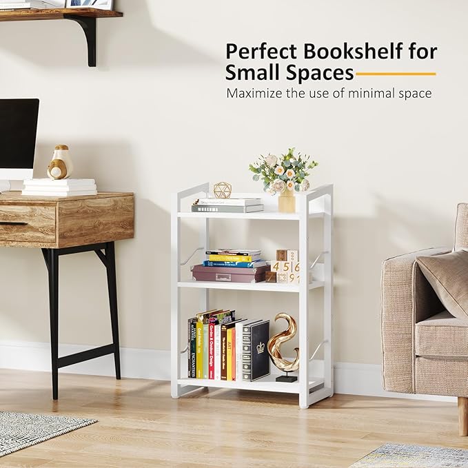 Book Shelf Small Bookshelf - 3-Tier Wood Bookcase Industrial Bookshelf Metal Narrow Bookshelves Storage Organizer Display Rack for Bedroom Living Room Home Office (White) - LeafyLoom