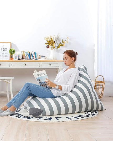 Aubliss Stuffed Animal Storage Bean Bag Chairs Cover, 50"x 35" Extra Large Bean Bags Chair for Kids Adults, Beanbag Toy Storage for Boys Girls - Premium Cotton Canvas Grey Stripe - LeafyLoom