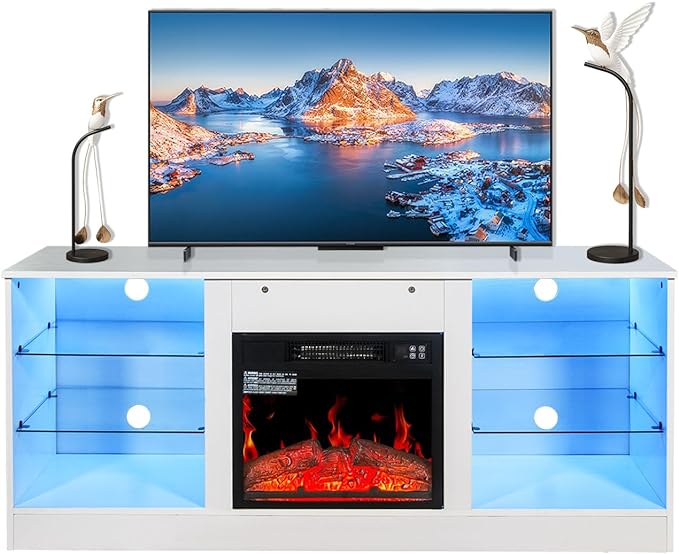 Fireplace TV Stand with LED Lights,Entertainment Center for TVs UP to 65" Televisions,Modern TV Console with Electric Fireplace for Living Room Bedroom - LeafyLoom
