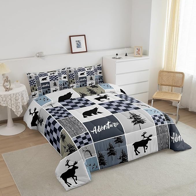 Deer Antler Comforter Set Full Size,Bear Rustic Farmhouse Adventure Bedding Set for Kids Boys Girls Adults Room Decor,Pine Trees Plaid Patchwork Down Comforter,Blue Xmas Duvet Insert,2 Pillowcases - LeafyLoom