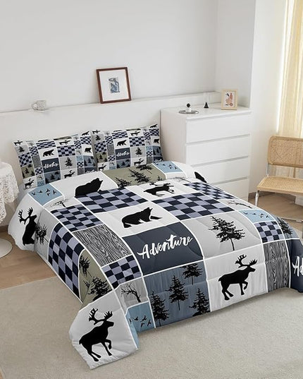 Deer Antler Comforter Set King Size,Bear Rustic Farmhouse Adventure Bedding Set for Kids Boys Girls Adults Room Decor,Pine Trees Plaid Patchwork Down Comforter,Blue Xmas Duvet Insert,2 Pillowcases - LeafyLoom