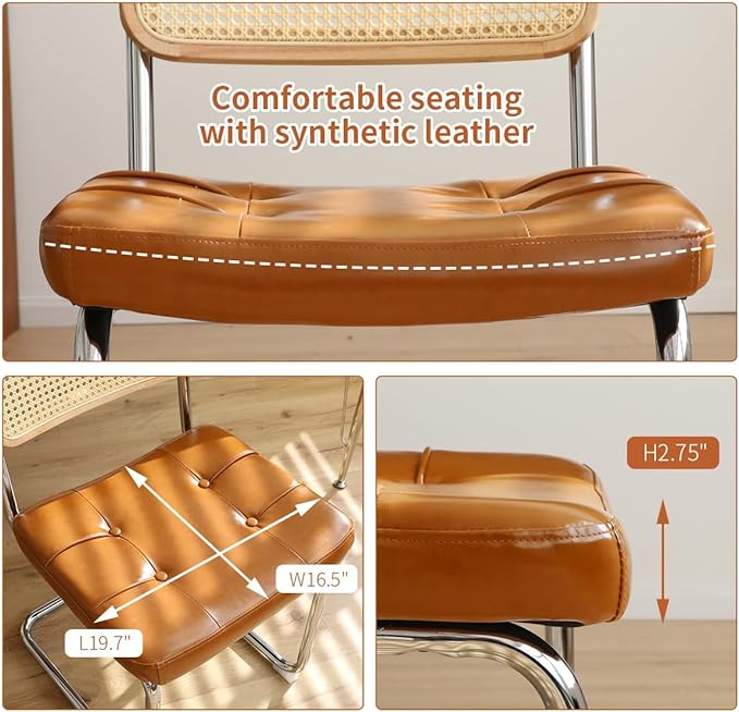 Dining Chairs Set of 2, Faux Leather Rattan Side Accent Chairs with Chrome Legs, Modern Mid Century Designed Chairs for Dining,Living Room,Kitchen Chairs (Leather Brown) - LeafyLoom