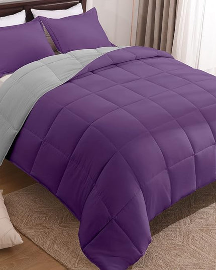 Basic Beyond Queen Comforter Set - Fluffy Comforter Queen Set for All Seasons - Reversible Purple Comforter Set Queen for Mens - 3 Pieces (1 Comforter + 2 Pillow Shams) - Purple/Grey - LeafyLoom