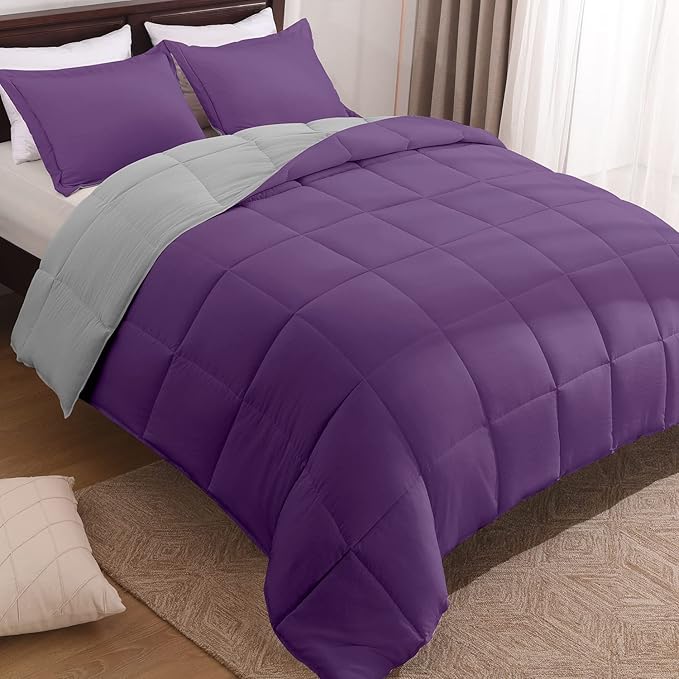 Basic Beyond Queen Comforter Set - Fluffy Comforter Queen Set for All Seasons - Reversible Purple Comforter Set Queen for Mens - 3 Pieces (1 Comforter + 2 Pillow Shams) - Purple/Grey - LeafyLoom