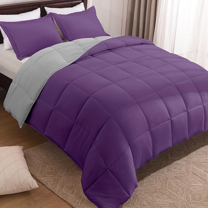 Basic Beyond King Size Comforter Set - Fluffy King Bed Comforter Set for All Seasons - Reversible Purple King Size Comforter Set - 3 Pieces (1 Comforter + 2 Pillow Shams) - Purple/Grey - LeafyLoom