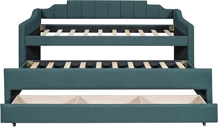 Merax Twin Size Upholstered Daybed with Trundle and Three Storage Drawers, Comfy Sofa-Bed & Padded Backrest for Living Room, Guest Room, Apartments, Both Side Armrests, Solid Wood Slats Support, Green - LeafyLoom
