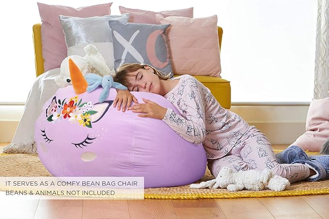 Aubliss Stuffed Animal Storage, Velvet Bean Bag Chairs Cover, Large 32" Ultra Soft Kids Toy Storage Organizer for Blankets Towels Clothes, Purple Floral - LeafyLoom