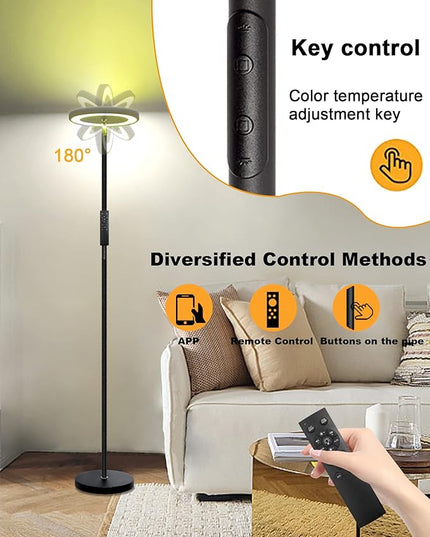 Ovesnty Floor Lamp, Double Sided Lighting LED Modern Floor Lamps, Color Changing & Dimmable Tall Standing Light with Remote Smart App Bright Corner Floor Lamp for Living Room Bedroom Office - LeafyLoom