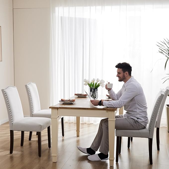 DUMOS Dining Chairs Set of 2, Fabric Dining Room Chairs, Upholstered Parsons Chairs with Nailhead Trim & Wood Legs, Kitchen Side Chair for Dining Living Room,Bedroom - Grey - LeafyLoom