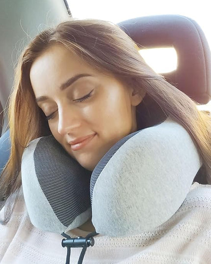 napfun Neck Pillow for Traveling, Travel Neck Pillow for Airplane 100% Pure Memory Foam Travel Pillow for Flight Headrest Sleep, Portable Plane Accessories, Light Grey Set - LeafyLoom