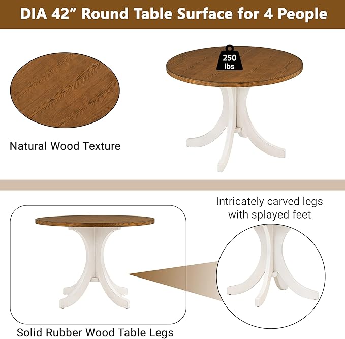 Mid-Century Style Round 4 Upholstered Chairs, Long-Lasting Solid Wood, Easy Clean & Assembly, Room, Kitchen, Small Place, 5 Piece Dining Table Set, Walnut 42 - LeafyLoom