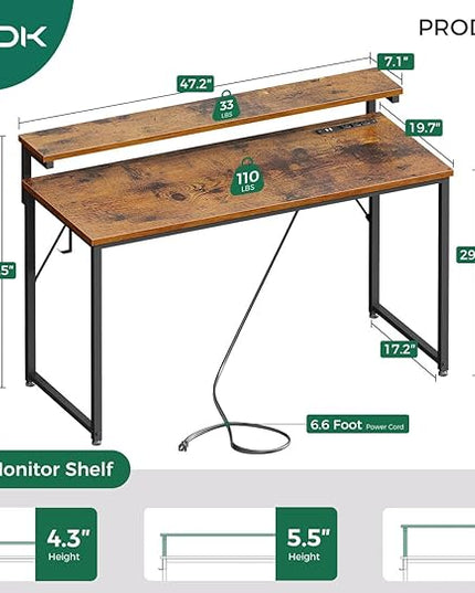 AODK Computer Desk, 48 Inch Gaming Desk with LED Lights and Power Outlet, Office Desk with Adjustable Monitor Shelf (3 Heights), Computer Table Work Desk for Home/Bedroom, Rustic Brown - LeafyLoom