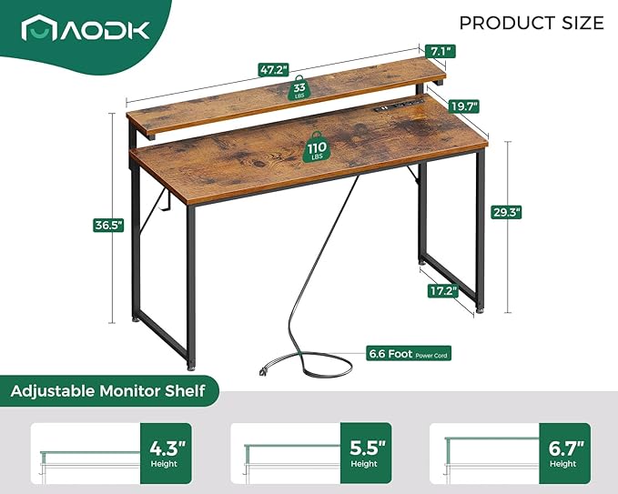 AODK Computer Desk, 48 Inch Gaming Desk with LED Lights and Power Outlet, Office Desk with Adjustable Monitor Shelf (3 Heights), Computer Table Work Desk for Home/Bedroom, Rustic Brown - LeafyLoom