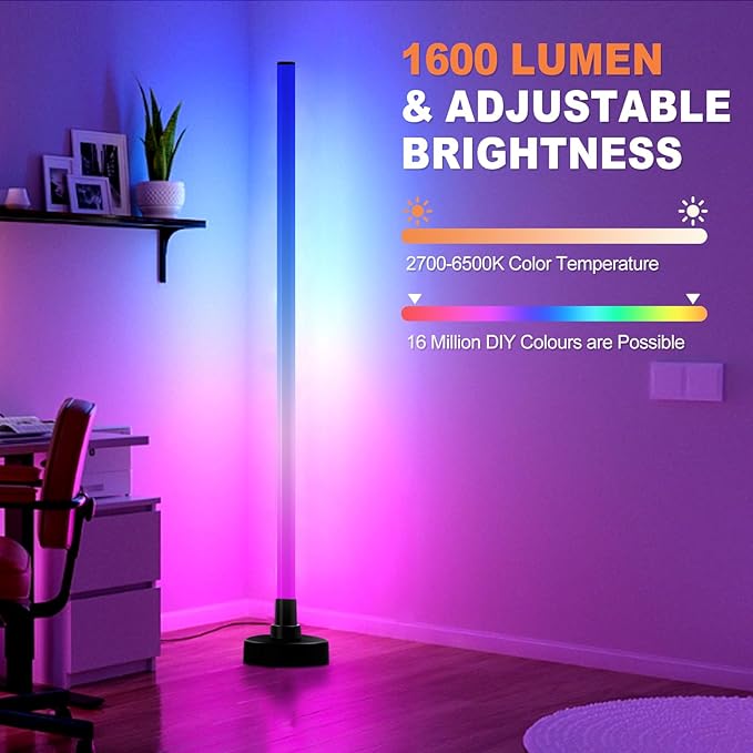 LED Corner Floor Lamp, Dimmable Color Changing Lamp, 55" RGB Floor Lamp Work with Alexa, Corner LED Lamp with APP/Remote Control, DIY Mode & Timing, Modern Floor Lamps for Living Room, Gaming Room - LeafyLoom