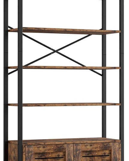 IRONCK Bookshelf and Bookcase with Adjustable 5 Shelves, 70" H x 31.5" W Wide Bookshelves with Door and Wheels, Vintage Brown - LeafyLoom