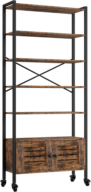 IRONCK Bookshelf and Bookcase with Adjustable 5 Shelves, 70" H x 31.5" W Wide Bookshelves with Door and Wheels, Vintage Brown - LeafyLoom