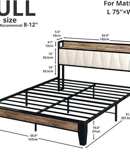LIKIMIO Full Size Bed Frame, Storage Headboard with Charging Station, Solid and Stable, Noise Free, No Box Spring Needed, Easy Assembly (Walnut and Beige) - LeafyLoom