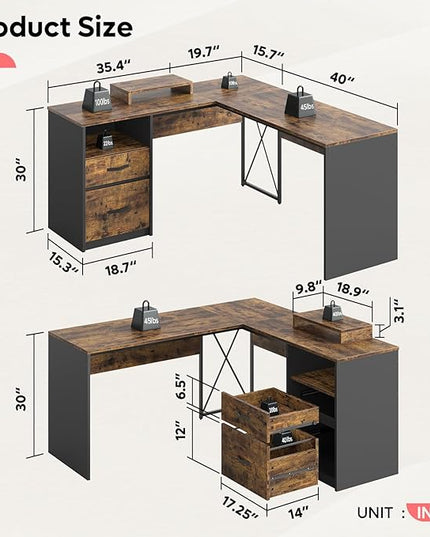 Bestier L Shaped Desk with Drawers, 55 inch Office L Desk with Reversible File Drawer, Industrial Wood Computer Desk with Monitor Stand (Rustic Brown) - LeafyLoom