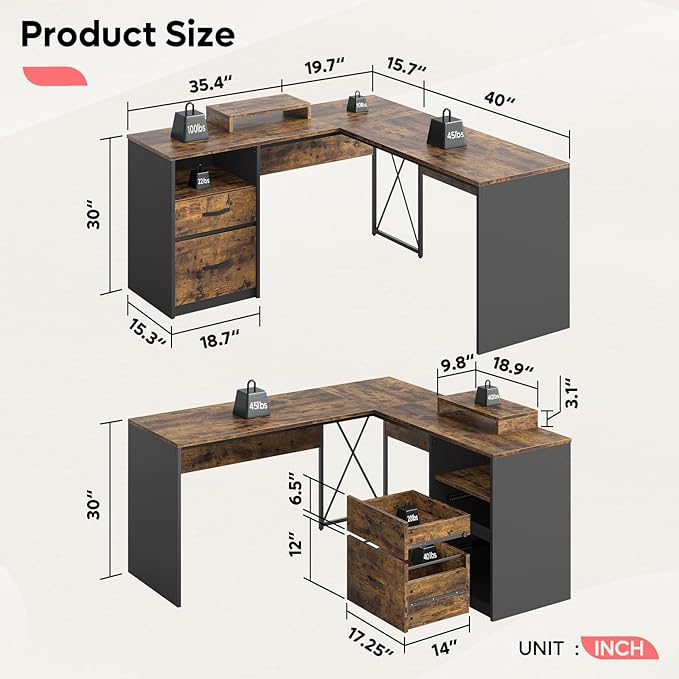Bestier L Shaped Desk with Drawers, 55 inch Office L Desk with Reversible File Drawer, Industrial Wood Computer Desk with Monitor Stand (Rustic Brown) - LeafyLoom