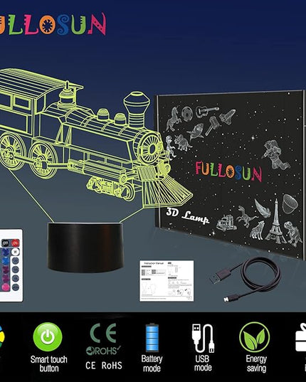 FULLOSUN Train Night Light, 3D Illusion Lamp for Kids, 16 Colors Changing with Remote Control Dim Function, Creative Birthday Xmas Gifts for Kids Boys Bedroom Decor - LeafyLoom