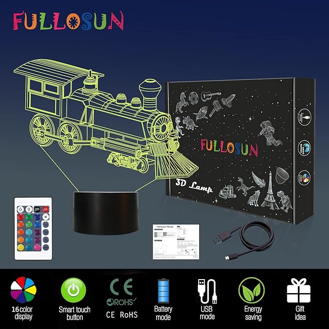 FULLOSUN Train Night Light, 3D Illusion Lamp for Kids, 16 Colors Changing with Remote Control Dim Function, Creative Birthday Xmas Gifts for Kids Boys Bedroom Decor - LeafyLoom