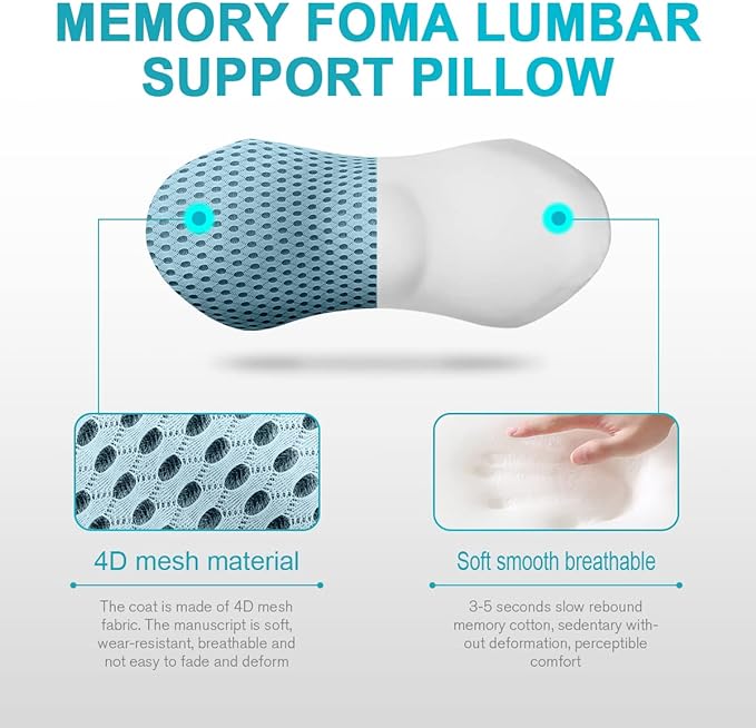 Lumbar Support Pillow - Memory Foam for Low Back Pain Relief, Ergonomic Streamline Car Seat, Office Chair, Recliner and Bed (blue) - LeafyLoom