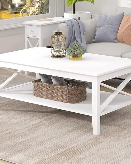 ChooChoo White Coffee Table Classic X Design for Living Room, Rectangular Modern Cocktail Table with Storage Shelf, 39 Inch - LeafyLoom