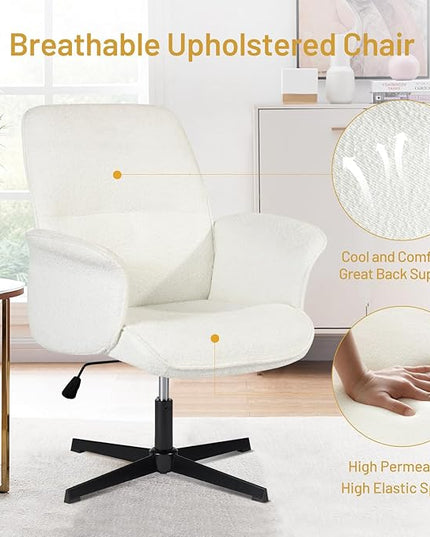 Home Office Chair, Upholstered Linen Fabric Padded Mid Back Accent Chair, Computer Desk Chairs Ergonomic No Wheels Stylish Swivel Adjustable Vanity Chair with Armrests, Beige - LeafyLoom