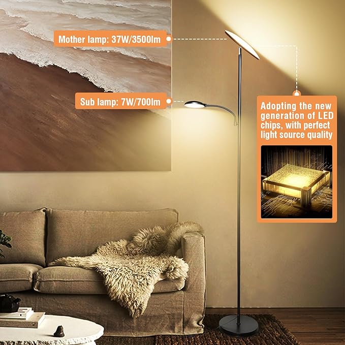 2024 New Floor Lamp, 44W 4500LM Super Bright LED Floor Lamp for Living Room, Remote Floor Lamp with Reading Light, Dimmable Modern Stand Tall Lamp for Bedroom Office - LeafyLoom