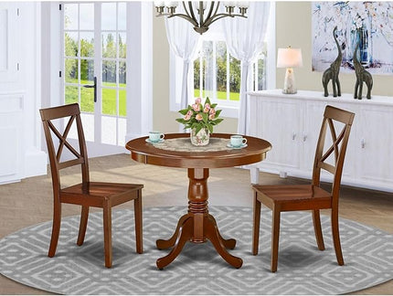 East West Furniture ANBO3-MAH-W Antique 3 Piece Set Contains a Round Kitchen Table with Pedestal and 2 Dining Chairs, 36x36 Inch - LeafyLoom