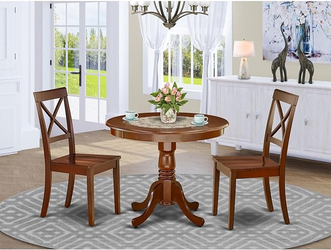 East West Furniture ANBO3-MAH-W Antique 3 Piece Set Contains a Round Kitchen Table with Pedestal and 2 Dining Chairs, 36x36 Inch - LeafyLoom