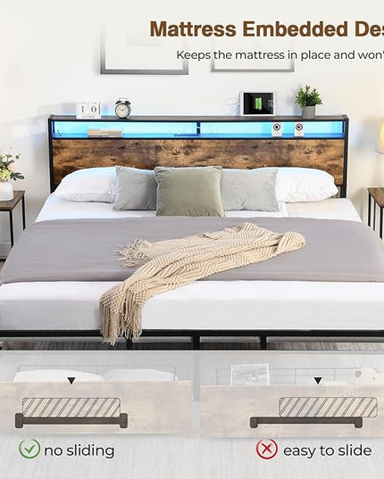 LED Full Bed Frame with 2 Storage Drawers & Headboard, Platform Metal Bed Frame with Charging Station, Noise-Free, No Box Spring Needed, Vintage Brown - LeafyLoom